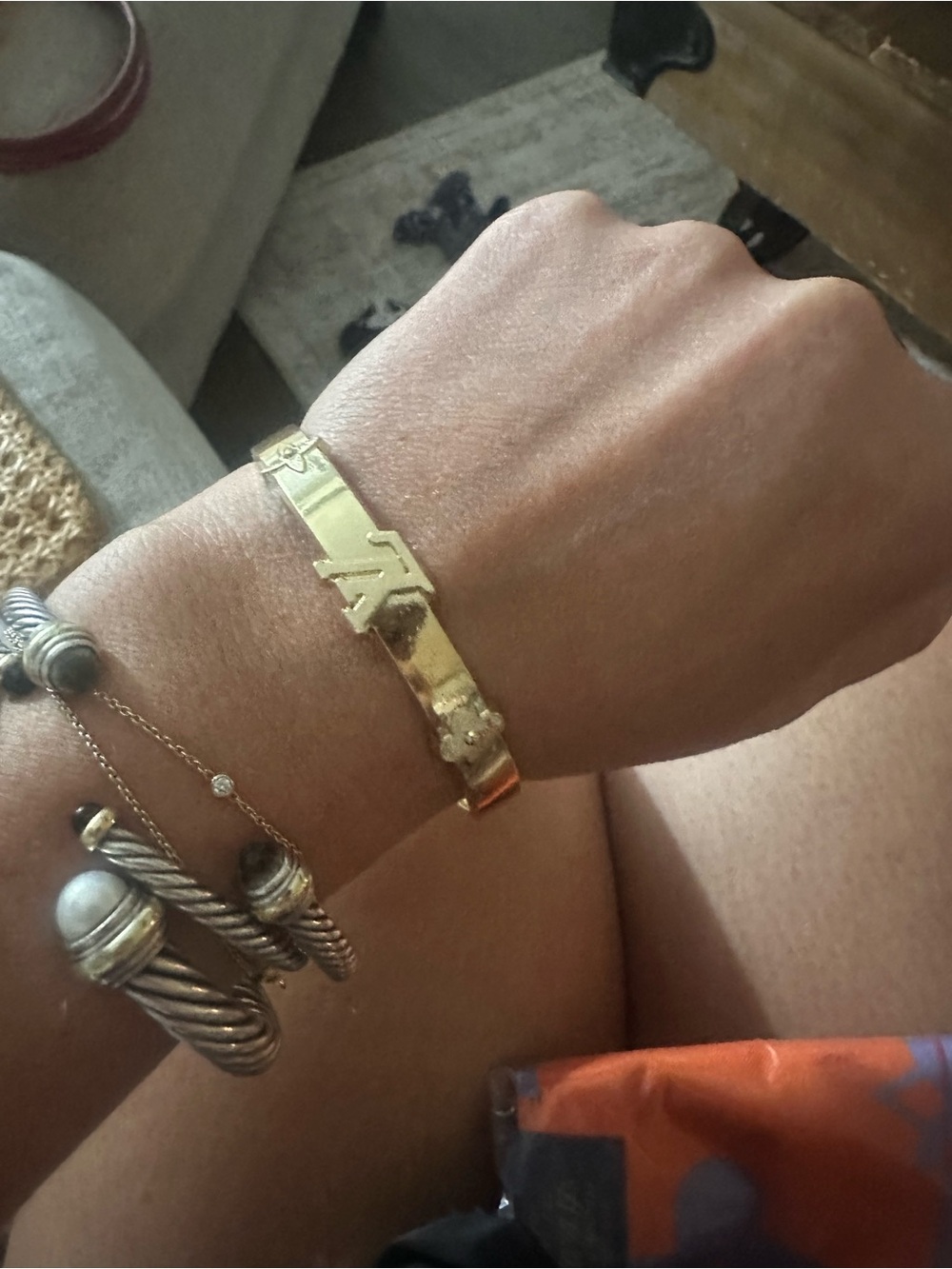 Source Unknown Gold Crystal Watch with Brown Monogram Strap & Gold LV Bracelet - Picture 7 of 15